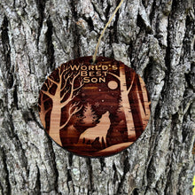 Load image into Gallery viewer, Winter Wolf Worlds Best Son - cedar ornament