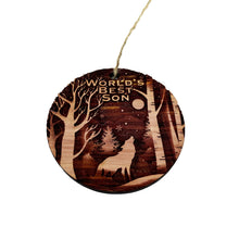 Load image into Gallery viewer, Winter Wolf Worlds Best Son - cedar ornament