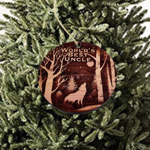 Load image into Gallery viewer, Winter Wolf Worlds Best Uncle - cedar ornament