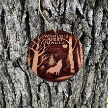 Load image into Gallery viewer, Winter Wolf Worlds Best Uncle - cedar ornament