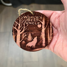 Load image into Gallery viewer, Winter Wolf Worlds Best Uncle - cedar ornament