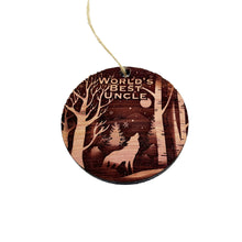 Load image into Gallery viewer, Winter Wolf Worlds Best Uncle - cedar ornament