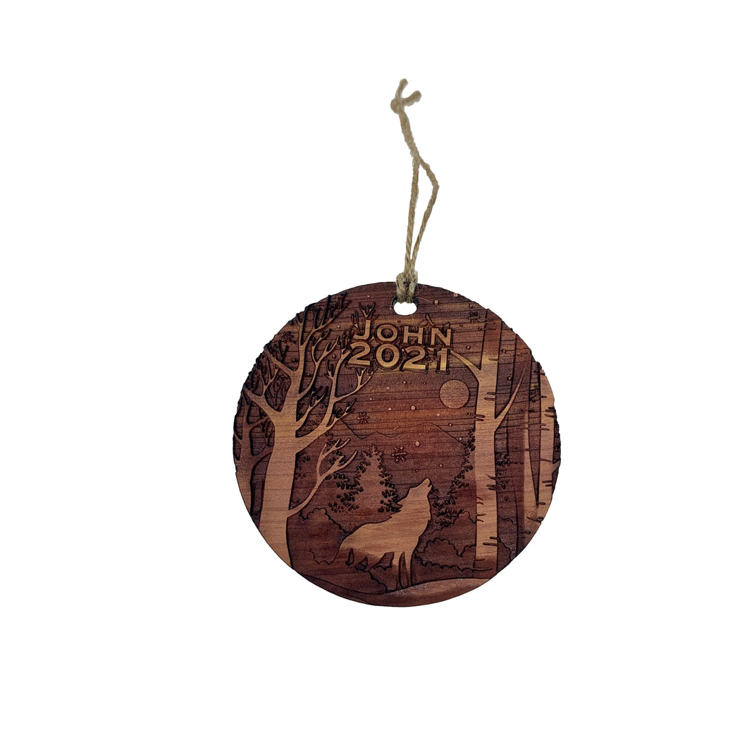 Custom PERSONALIZED Winter Wolf with your own wording - Raw Cedar Ornament 3x3in