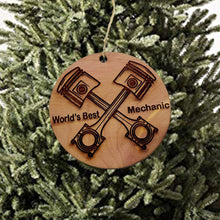 Load image into Gallery viewer, World&#39;s Best Mechanic with Piston - Cedar Ornament