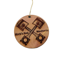 Load image into Gallery viewer, World&#39;s Best Mechanic with Piston - Cedar Ornament