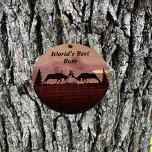 Load image into Gallery viewer, Worlds Best Boss Elk Battle - Cedar Ornament