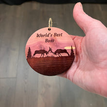 Load image into Gallery viewer, Worlds Best Boss Elk Battle - Cedar Ornament