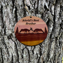 Load image into Gallery viewer, Worlds Best Brother Elk Battle - Cedar Ornament