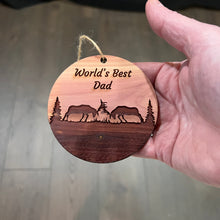 Load image into Gallery viewer, Worlds Best Dad Elk Battle - Cedar Ornament