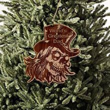 Load image into Gallery viewer, Worlds Best Dad with SKULL and HAT - Cedar Ornament