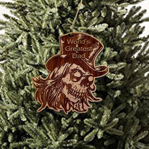 Worlds Best Dad with SKULL and HAT - Cedar Ornament