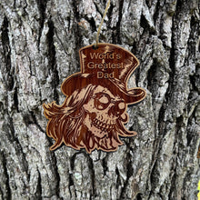 Load image into Gallery viewer, Worlds Best Dad with SKULL and HAT - Cedar Ornament