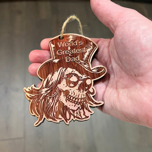 Worlds Best Dad with SKULL and HAT - Cedar Ornament