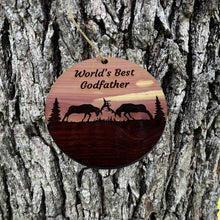 Load image into Gallery viewer, Worlds Best Godfather Elk Battle - Cedar Ornament