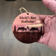 Load image into Gallery viewer, Worlds Best Godfather Elk Battle - Cedar Ornament