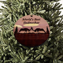 Load image into Gallery viewer, Worlds Best Godmother Elk Battle - Cedar Ornament