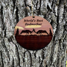 Load image into Gallery viewer, Worlds Best Godmother Elk Battle - Cedar Ornament