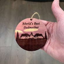 Load image into Gallery viewer, Worlds Best Godmother Elk Battle - Cedar Ornament