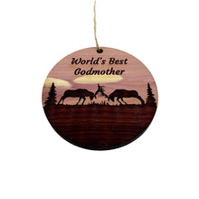 Load image into Gallery viewer, Worlds Best Godmother Elk Battle - Cedar Ornament