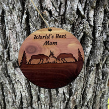 Load image into Gallery viewer, Worlds Best Mom Elk Battle - Cedar Ornament