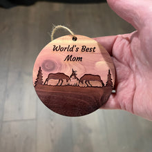 Load image into Gallery viewer, Worlds Best Mom Elk Battle - Cedar Ornament