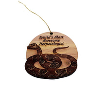 Load image into Gallery viewer, Worlds Most Awesome Herpetologist Snake - Cedar Ornament