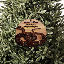 Load image into Gallery viewer, Worlds Most Awesome Herpetologist Snake - Cedar Ornament