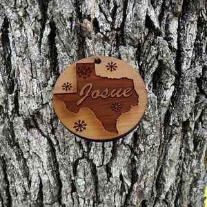 custom PERSONALIZED Texas With Snow flakes - Raw Cedar Ornament