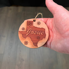 Load image into Gallery viewer, custom PERSONALIZED Texas With Snow flakes - Raw Cedar Ornament